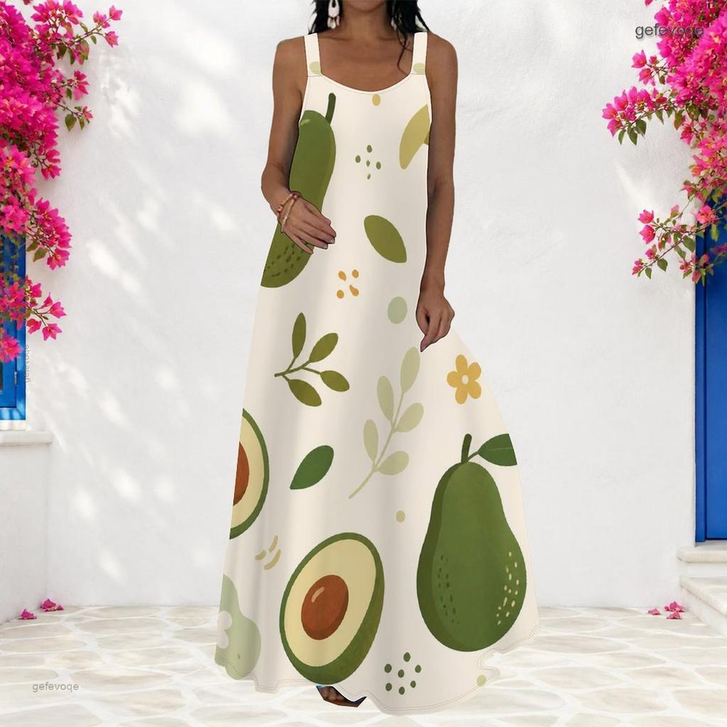 Women Plus Size Scoop Neck Strappy Sleeveless Fruit Leaf Printed A Line Maxi Dress