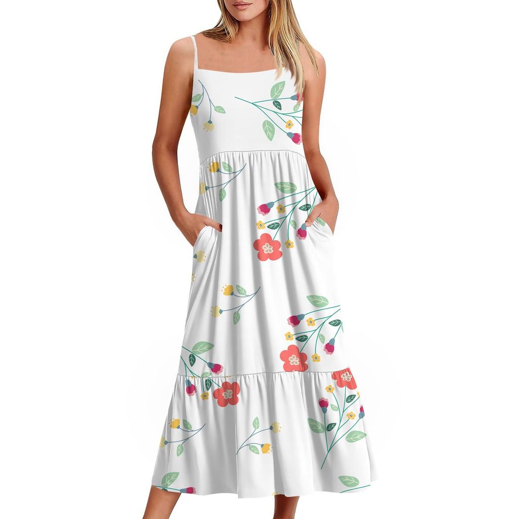 Women's Long Beach Casual Elegant Spaghetti Strap Maxi Dress Floral Low-key Flowing Bohemian Dress