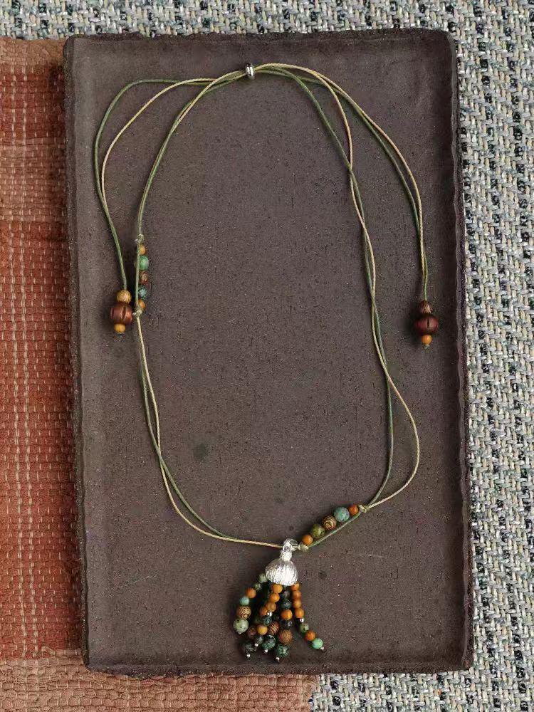 SWAH Vintage Nomadic Style Fruit Tassel Wood Bead Long Necklace with Ear Hook