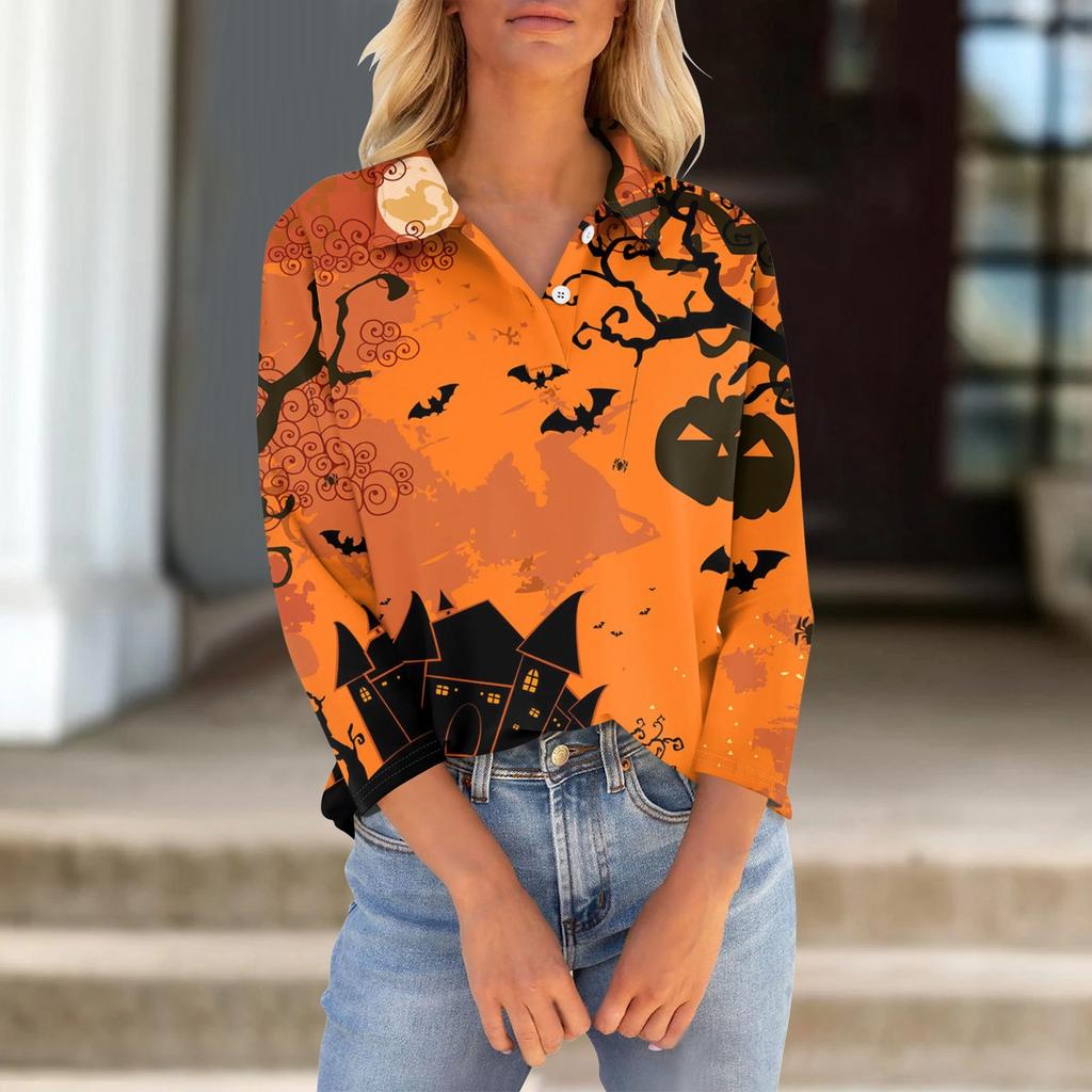 Women's Seven Quarter Sleeved T-shirt V-neck Button Up Shirt With Printed Loose Top For Halloween