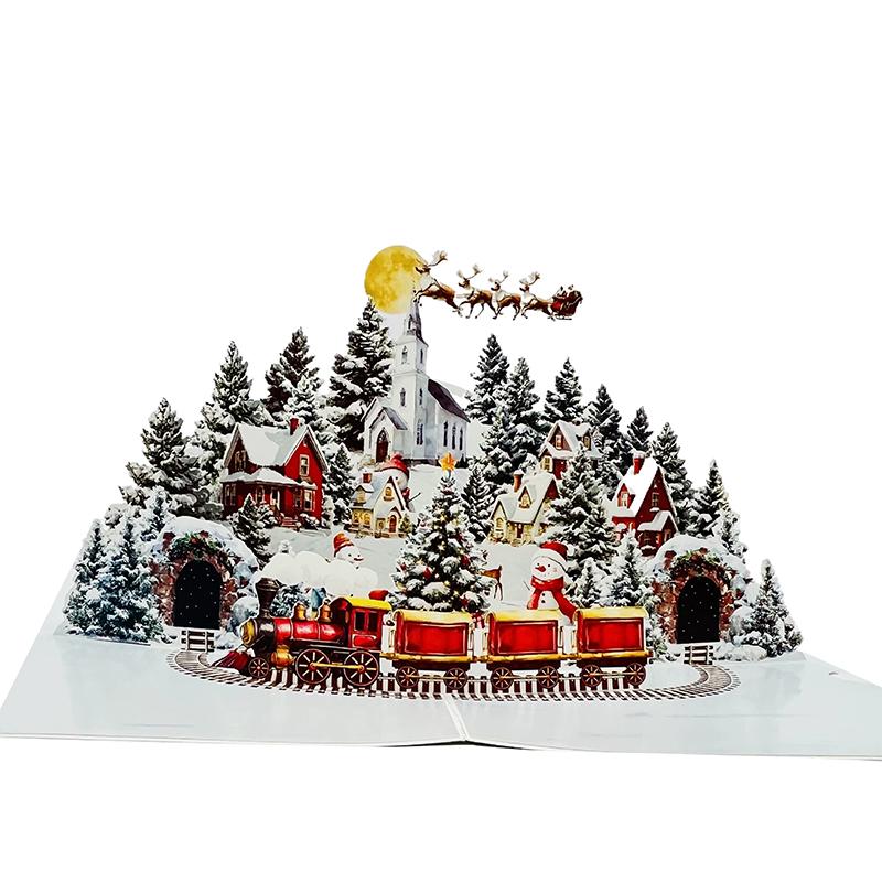 3D Рождественская открытка Сцена «Ночь перед Рождеством» с Сантой, оленями, заснеженной деревней и лунным небом Праздничная поздравительная открытка F