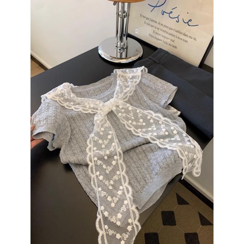 Women Light Yellow Twisted Knit Short Sleeve Top With Lace Shawl Casual Summer T Shirt