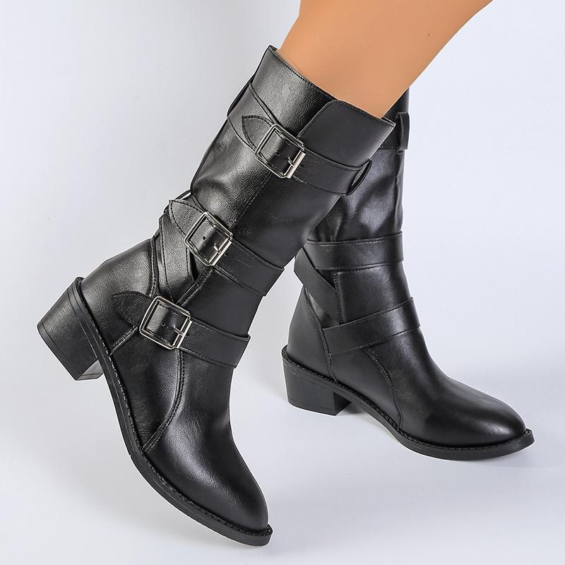 Модные женские однотонные слипоны ботинки рыцаря Осень Зима Массивный каблук Средней длины голенище Ботас Мухер Ремешок с пряжкой Искусственная кожа Мотоциклетные ботинки