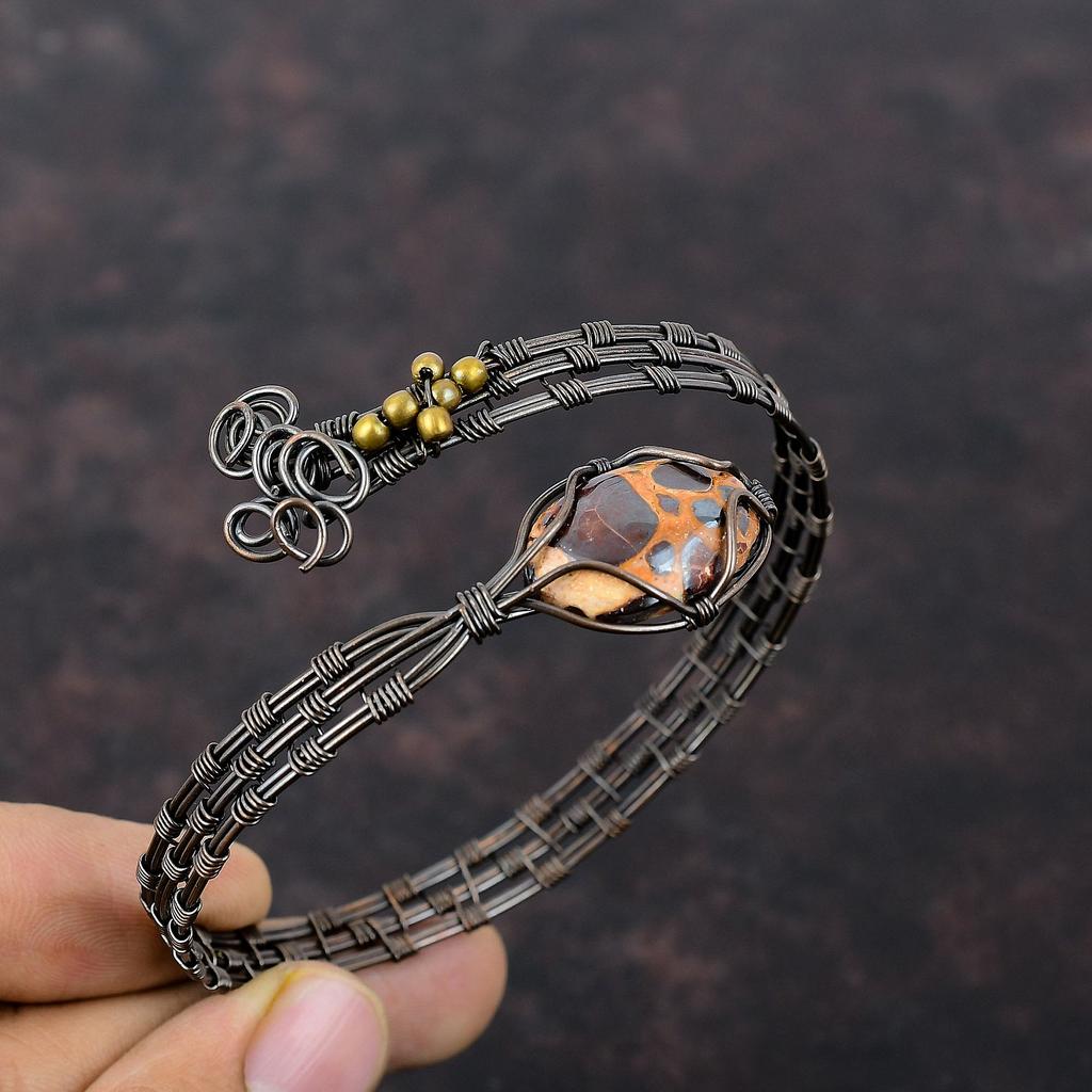 Браслет-манжета из боксита, браслет из драгоценных камней, браслет из медной проволоки, регулируемый браслет-манжета из медной проволоки, ювелирное украшение в подарок для него, ручной работы, браслет в стиле бохо