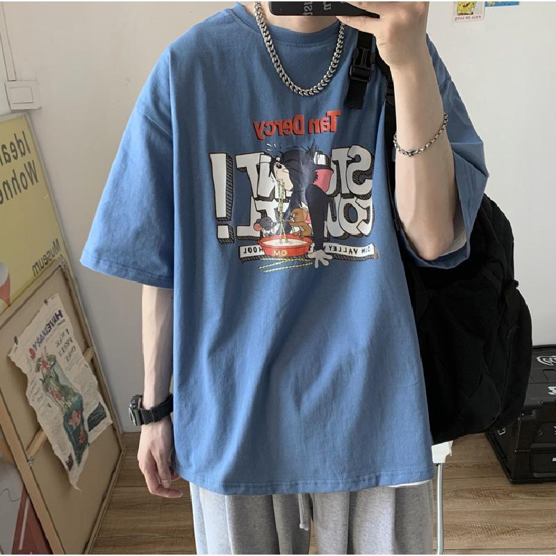 Мужские футболки с коротким рукавом с буквенным графическим принтом и половиной рукава Футболка-пуловер Повседневная футболка Мужская корейская повседневная футболка с круглым вырезом в стиле ретро