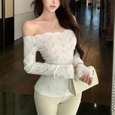 Осень Зима Hotsweet Футболки с открытыми плечами с длинным рукавом Женская одежда Однотонные Стильные Кружевные с вырезами Аура Узкие Пуловеры