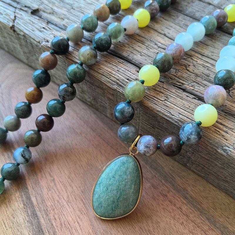 Natural Amazonite,Aquamarine,Indian Onyx Mala Necklace,108 HandKnotted Meditation Necklace,Healing Crystals,Yoga Prayer Gift