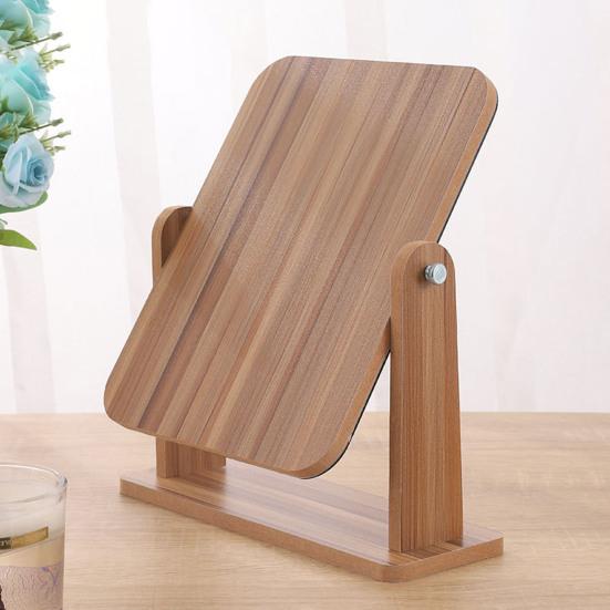 360 Degrees Rotatable Makeup Mirror with Wooden Base High Clarity Men Women Desktop Vanity Mirror Portable Travel Rectangle Cosmetic Mirror