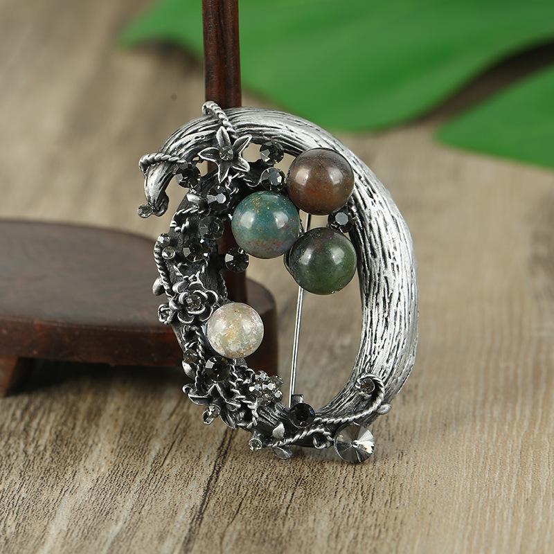 Retro Natural Agate Brooch High-end Classical Temperament Literary and Versatile Plant Pin Coat Cardigan Corsage Accessories