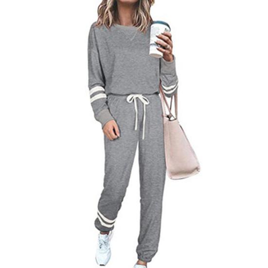 2 Pcs/Set Women Top Pants Suit Round Neck Long Sleeves Striped Solid Color Sweatshirt Drawstring Elastic Waist Trousers
