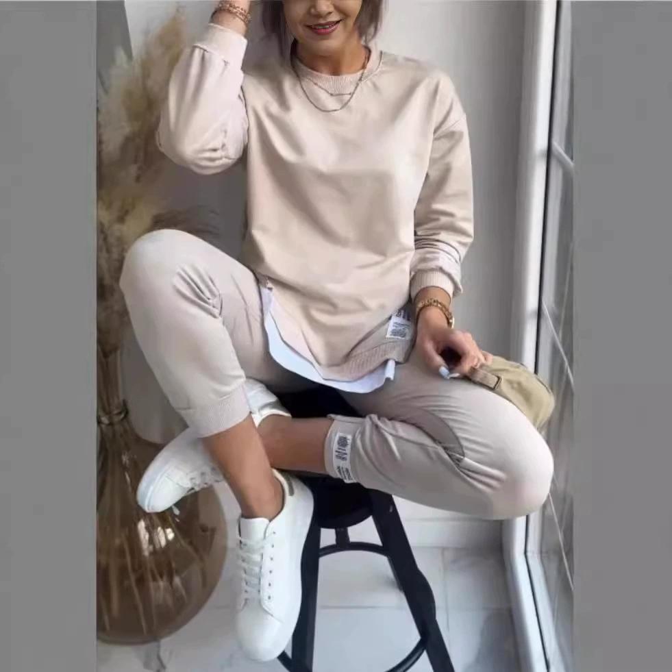 Осенний лоскутный свободный комплект из двух предметов, женский модный свитер с длинным рукавом, повседневный спортивный костюм с капюшоном и брюками-карандашами