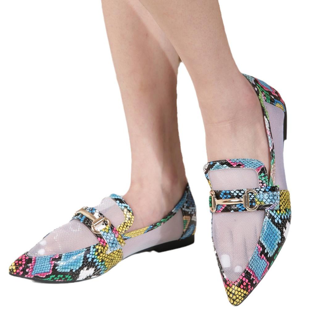 Новые летние женские туфли на высоком каблуке в стиле змеиного узора с острым носком и плоским дном