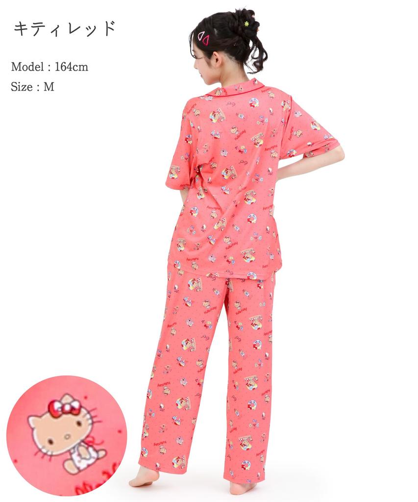SAZAC Peach Side Hello Kitty Shirt Cotton Short Sleeve and Long Pants Loungewear Pajamas, 100% Broadcloth, Women's Set, (Red/L/SAN1949)