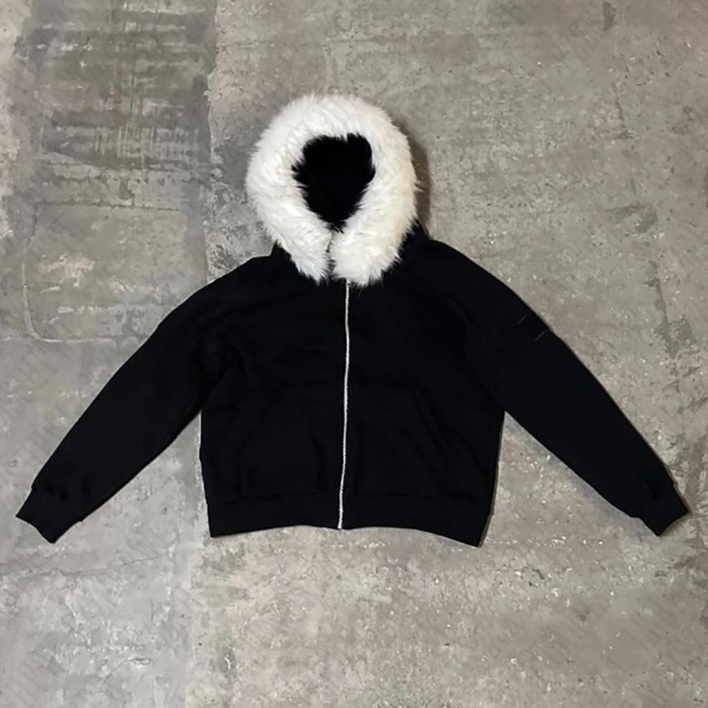 Черные худи на молнии с меховой лоскутной отделкой для женщин и мужчин, модные теплые толстовки в корейском стиле Y2k с длинным рукавом, унисекс