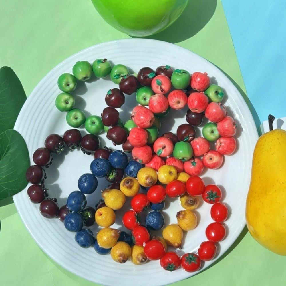 Y2K 3D Fruit Resin Fruit Bracelet Elastic Rope Apple Mangosteen Peach Fruit Beaded Bracelet Multi-color Cartoon Bracelet Summer