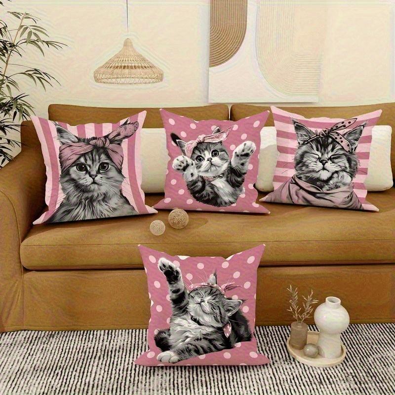 Cute Pink Bandana Cat Throw Pillow Covers, Retro Kitten With Polka Dot Stripe Print Cushion Cases, Funky Home Decor Living Room