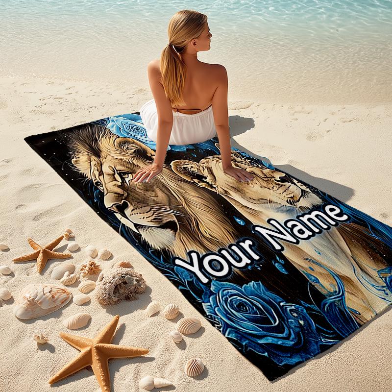 1PC Custom Name Lion Roses Artwork Beach Towel Highly Absorbent And Sand-Resistant Towel for Swimming, Pool, Yoga, And Travel Lightweight
