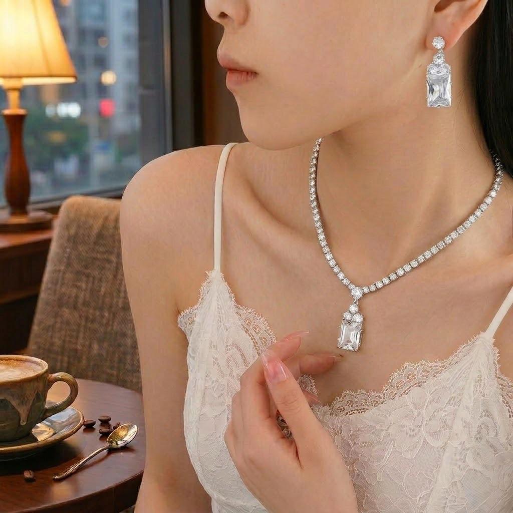 Set Fashion Trend: Zircon Earrings & Square Necklace Jewelry