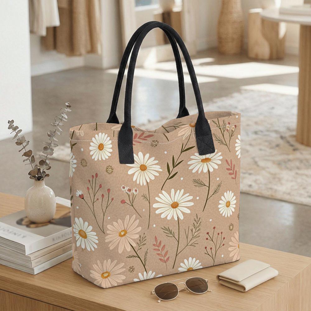 Women Daisy Print Tote Bag Large Capacity Casual Canvas Shoulder Handbag for Daily Travel Shopping