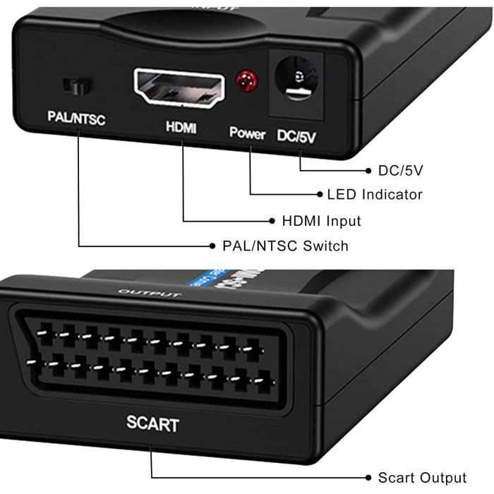 Adaptateur HDMI PeritelConvertisseur HDMI vers Péritel Compatible avec NTSC PAL HDMI 1.3 pour Sky HD Blu Ray PS3 TV VCR VHS 4
