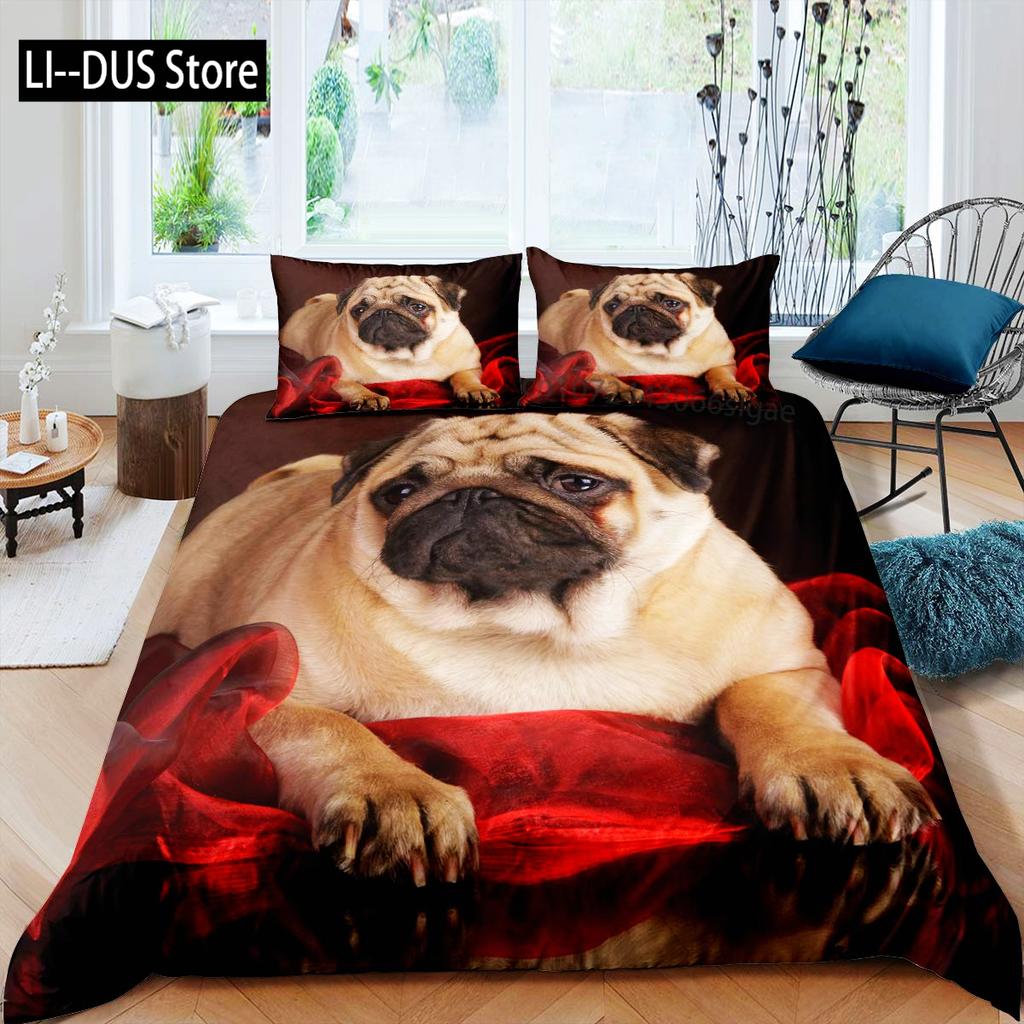 Pug Duvet Cover Set Puppy Lying Around Pet Decorative 3 Piece Bedding Set with 2 Pillow Shams Queen Size Pale Brown Black