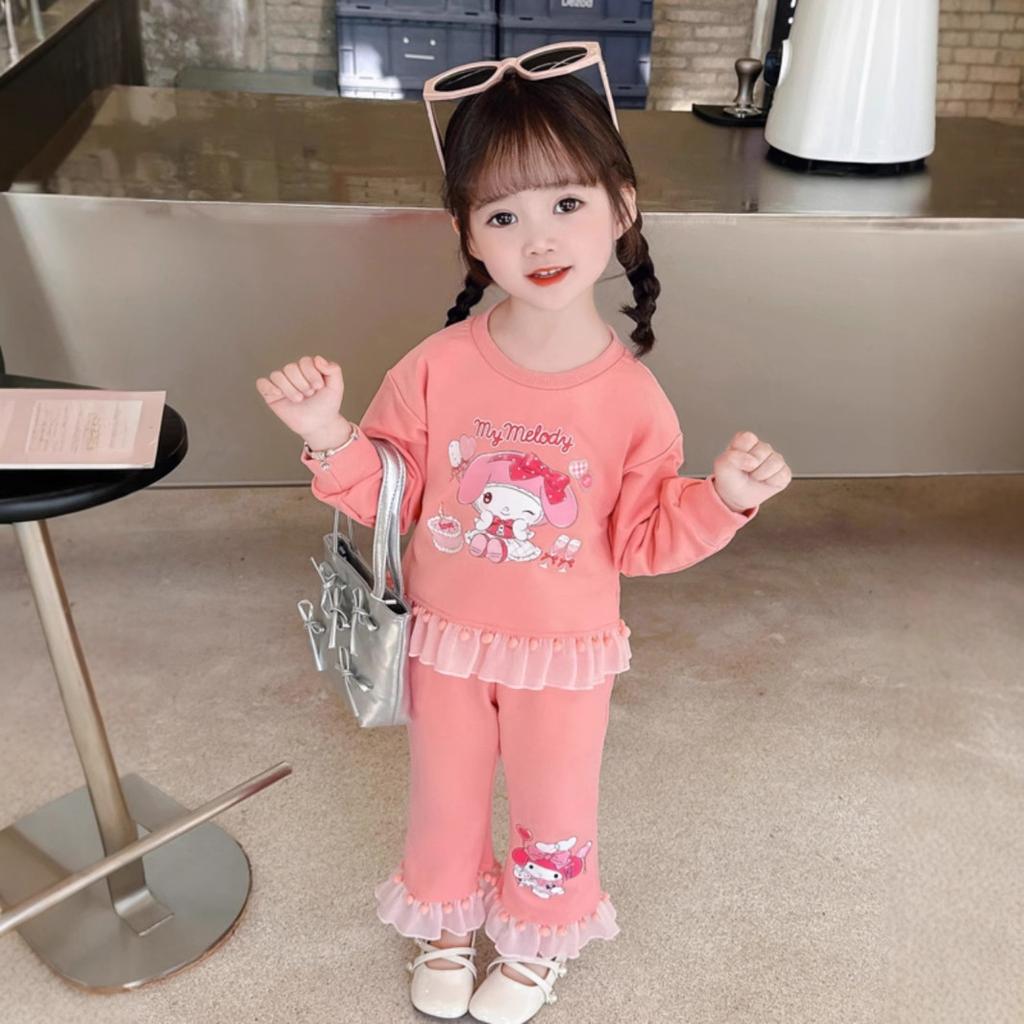 Girls Spring Autumn Ruffled Long Sleeve Sweatshirt Two Piece Set with Cartoon Print