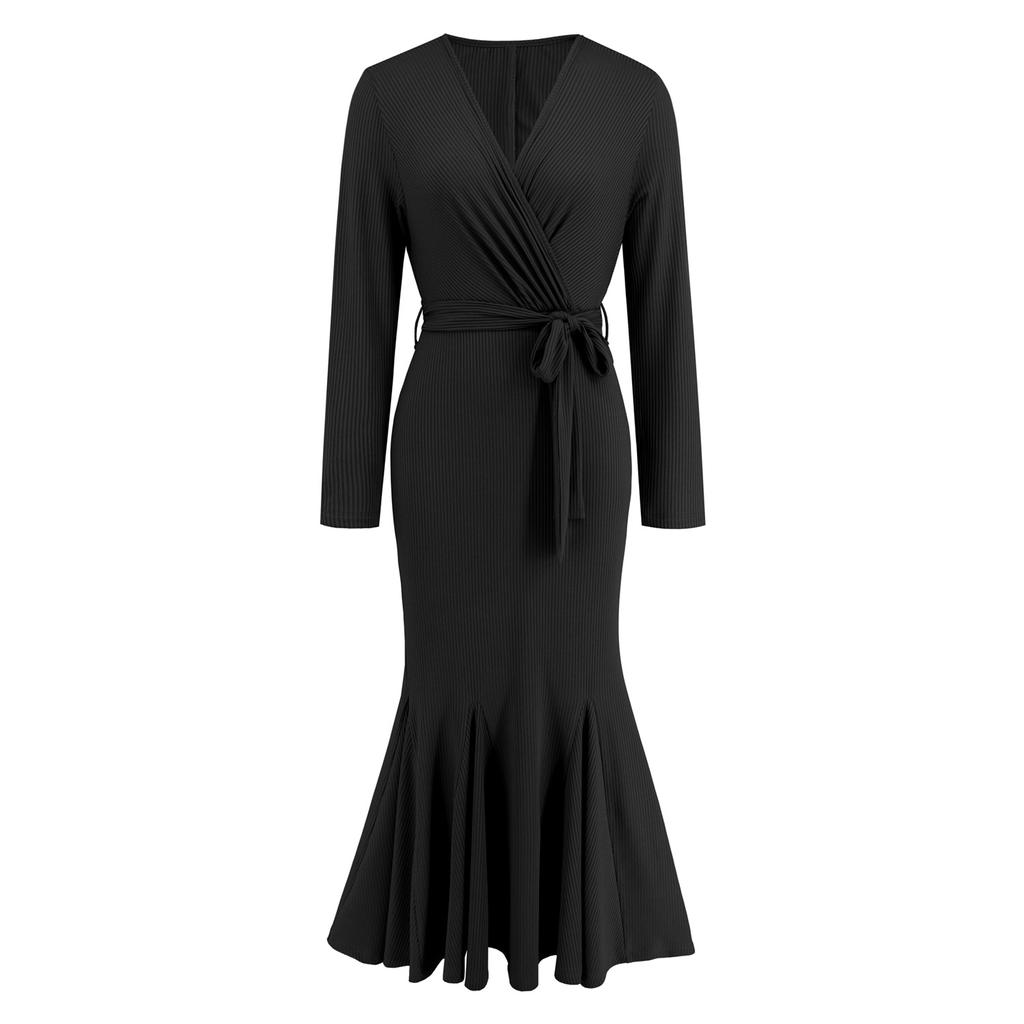 Women's Spring and Autumn V-neck Long-sleeved Slim Temperament Fishtail Dress Knitted Long Dress