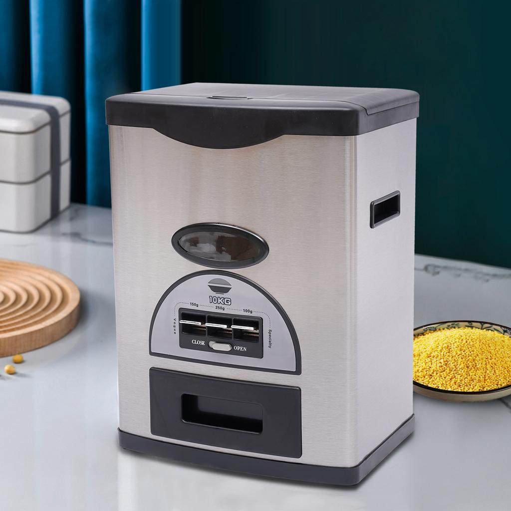 Большой контейнер для хранения риса 10 кг, Автоматический кухонный диспенсер для зерна с мерным стаканом, Герметичное ведро для продуктов для муки, круп