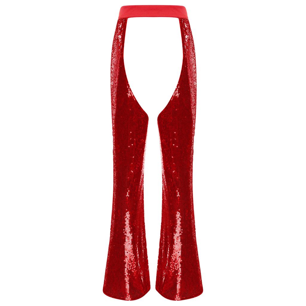 Womens Halloween Glitter Sequin Cowgirl Chaps Adjustable Waist Crotch Hollow Out Fully Lined Flared Pants