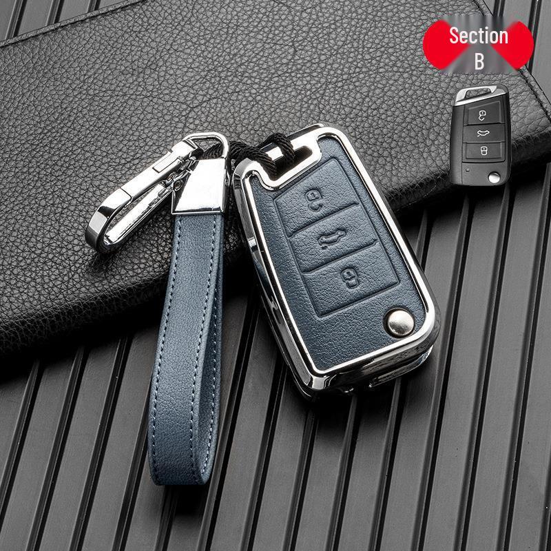 Volkswagen/Skoda Double-Sided Leather Zinc Alloy Car Key Case - Non-Signal Blocking, Full-Wrap Design