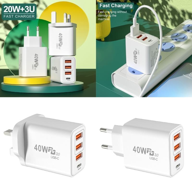 Быстрое зарядное устройство на 4 устройства: 3 порта USB-A, 1 порт USB-C, выходная мощность 40 Вт для телефонов, планшетов, ноутбуков
