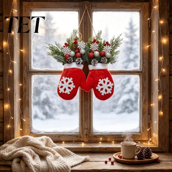 Holiday Party Supplies Christmas Mitten Door Hanger, Red White Glove Ornament with Pine Cone Berries, Gift Ideas Fabric Wall Decor for Front