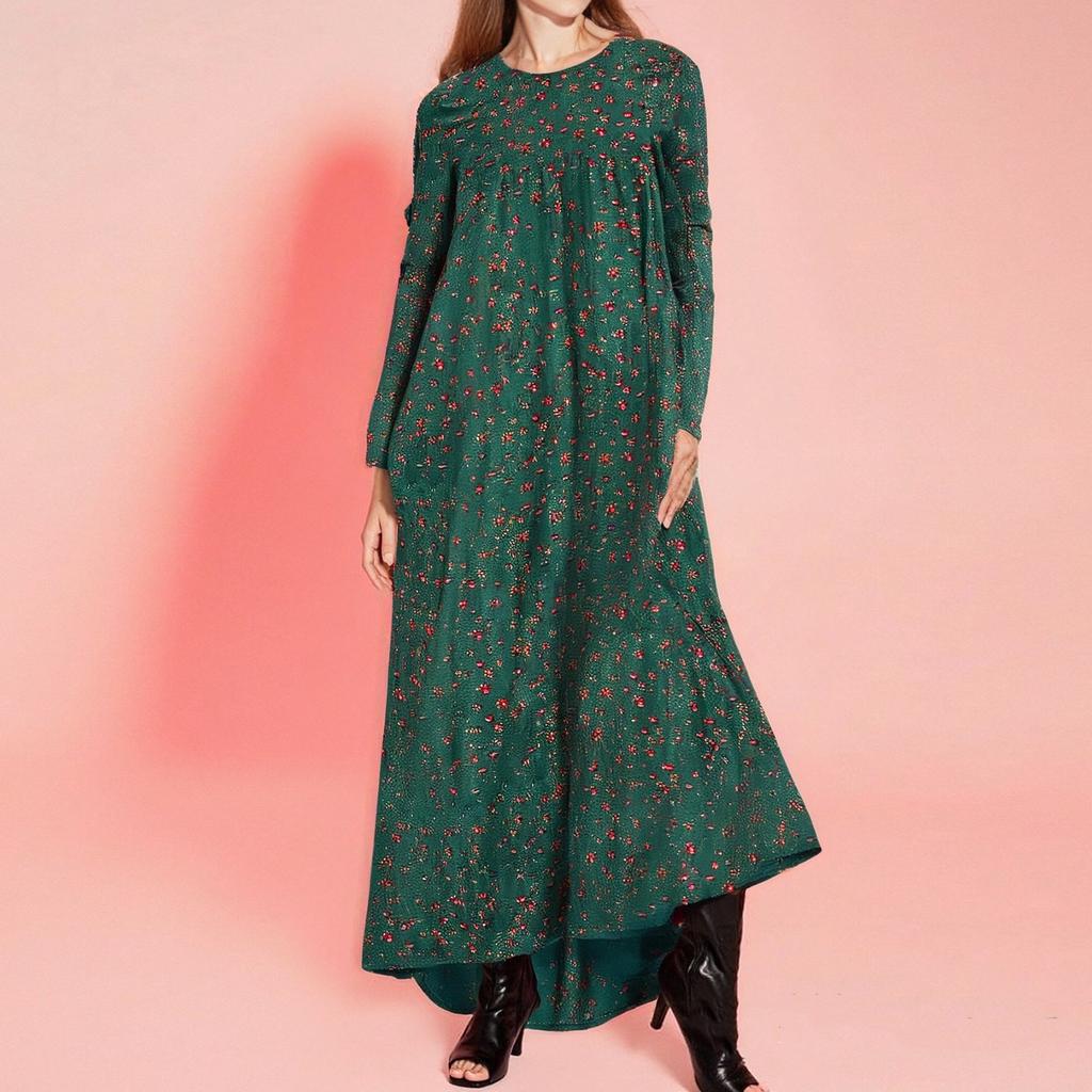 Женская мода повседневная с круглым вырезом и длинным рукавом мусульманские цветочные платья