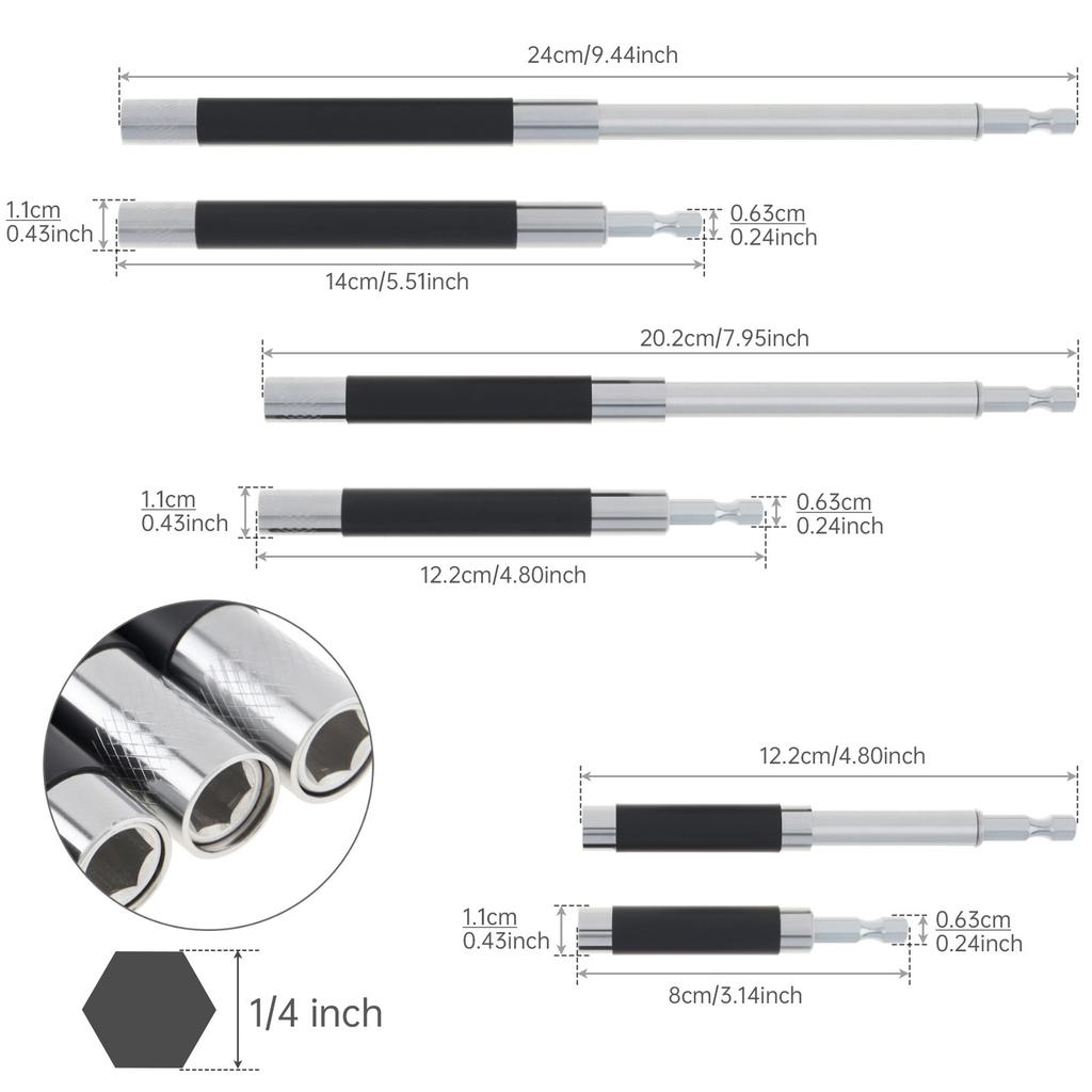 5pcs Scalable Magnetic Drill Bit Holder Extension Bar Adapter 3.1 To 5.5 Inch Heavy Duty 1/4 Inch Hex Shank Universal Fit Nuts Screwdriver Handheld