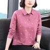 Women's Spring T-shirt New Mother's Wear Long-sleeved T-shirt Lapel Printed Design Loose Slimming Patchwork Top for Women