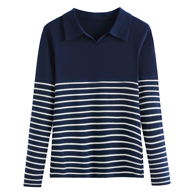 Футболка женская в полоску с узким низом и лацканами на весну и осень