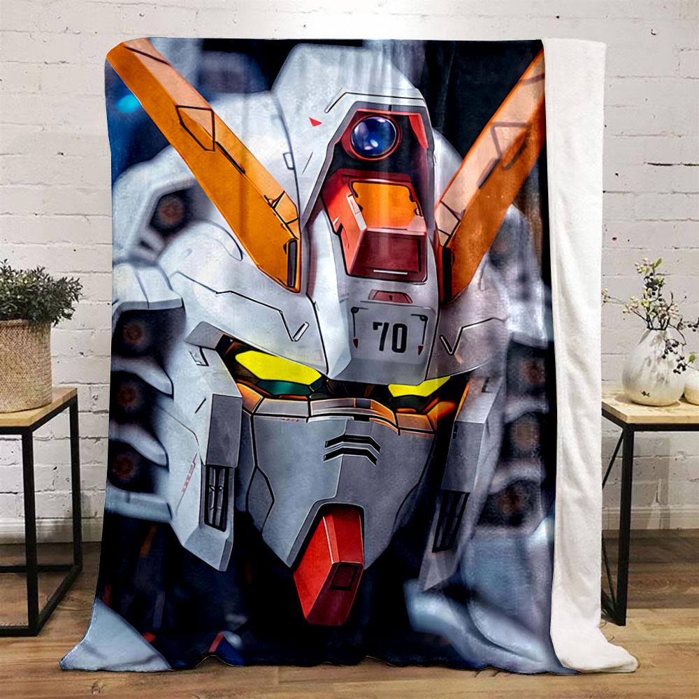 Robotic face design with angular features, orange accents, and glowing eyes. for all seasons blanket lunch break throw gift