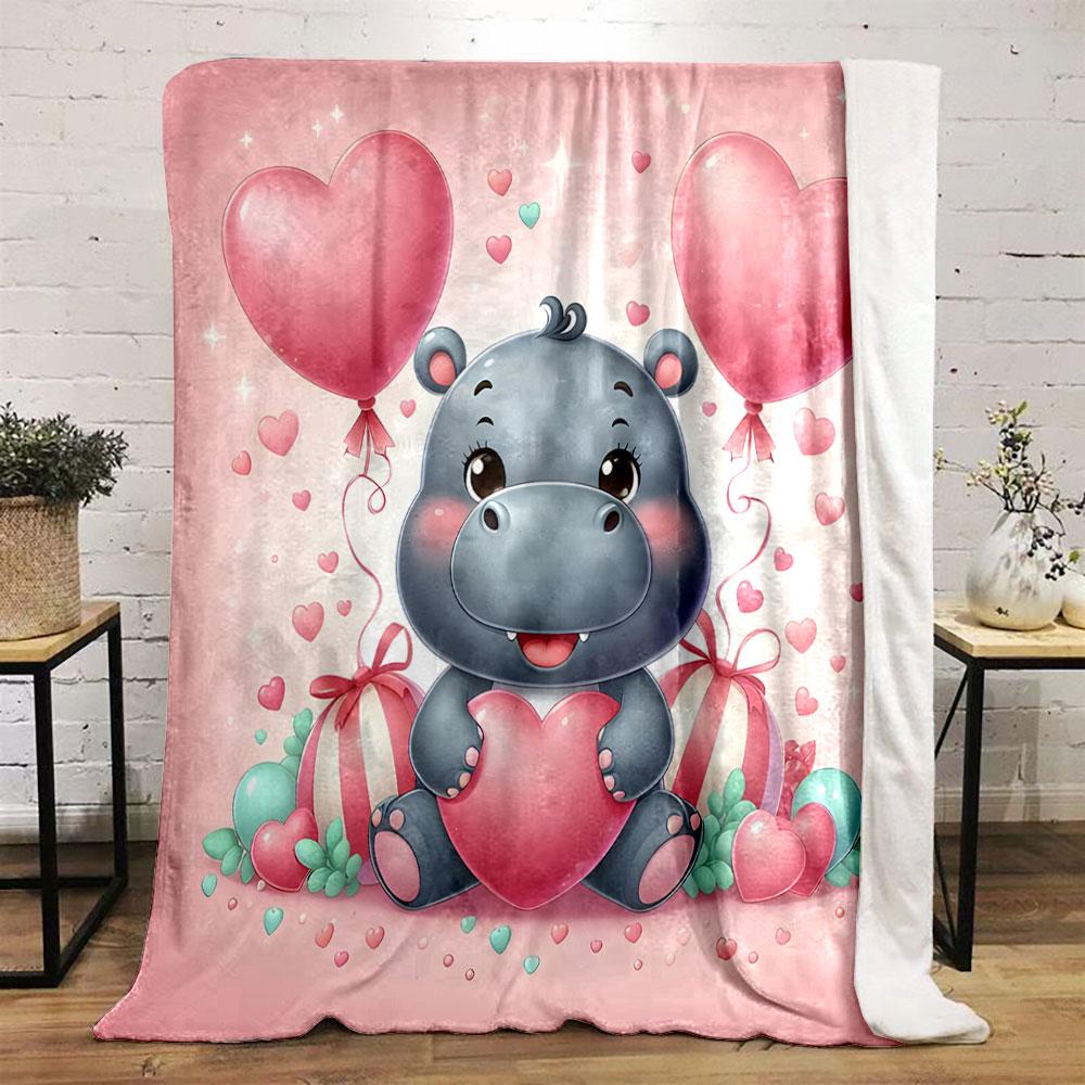 Hippo with Heart Balloons and Gifts print blanket soft and cozy perfect for the living room bed sofa or a nap,gift