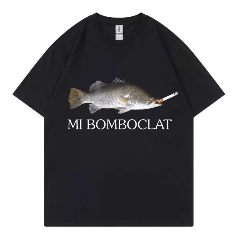 Смешная футболка с мемом Mi Bomboclat Fish, с коротким рукавом, для студентов и студенток, парный наряд, чисто хлопковая футболка - Мужская...
