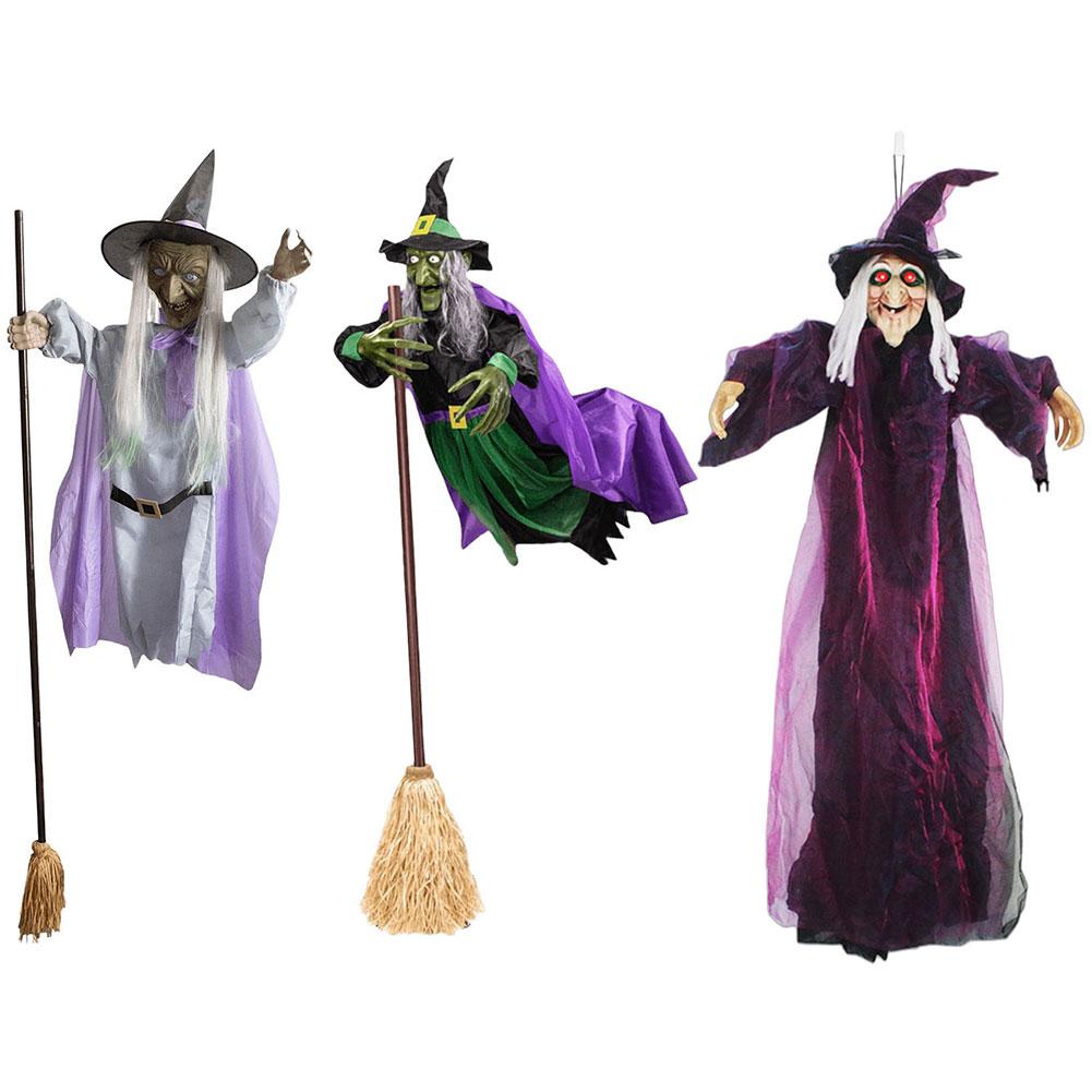 Halloween Flying Witch Decoration Outside Horror Spooky Flying Witch With Sounds Lights Garden Haunted House Decor Prop