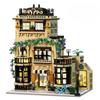 Street View Modular Coffee Restaurant Retro Flower House with Architecture Building Block Sets Toys for Kids