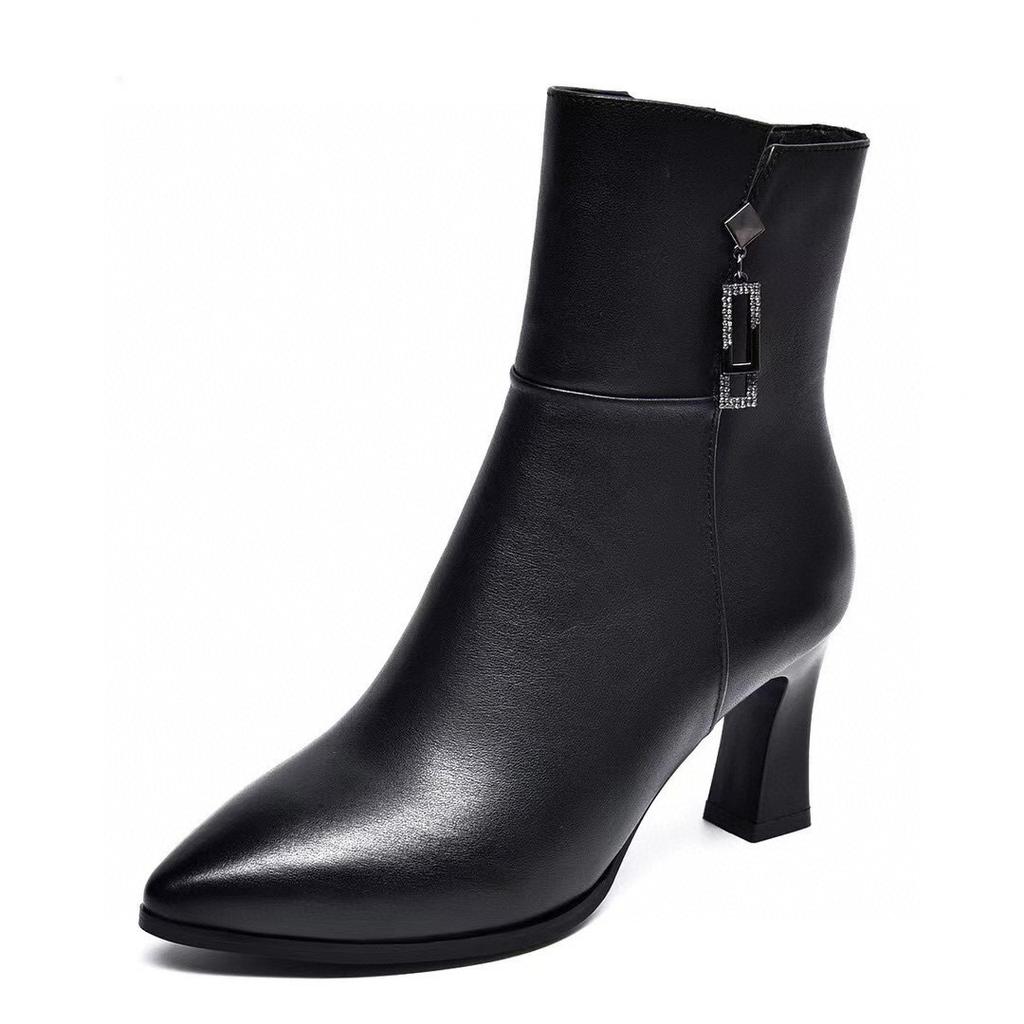 Кожаные сапоги женские осенне-зимние новые из первого слоя коровьей кожи со стразами квадратная пряжка острый носок шпилька модные сапоги женские сапоги