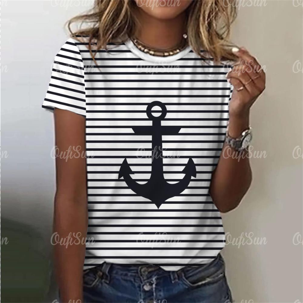 Новый стиль, футболка для женщин, топ с 3D принтом «Якорь», летние футболки большого размера для женской одежды, женская мода с круглым вырезом, большие размеры