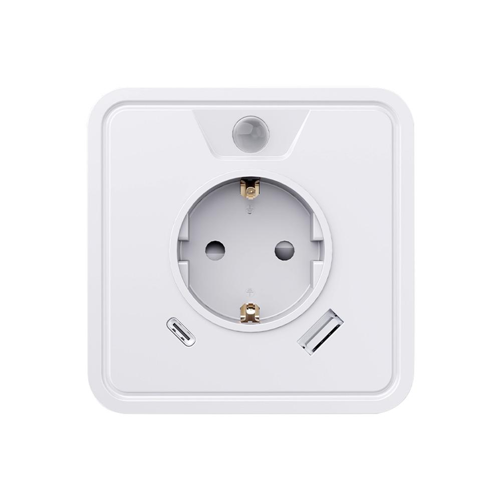 EU Plug Power Adaptor,Power Strip,Whit Motion Sensor Light,1 Socket,1 USB,1 Type-C,Category G,48mm.2P,EU General,for Home