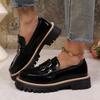 Лакированные туфли-лодочки на массивной платформе женские осенние в британском стиле на толстой подошве лоферы женские большого размера 43 черные туфли для униформы