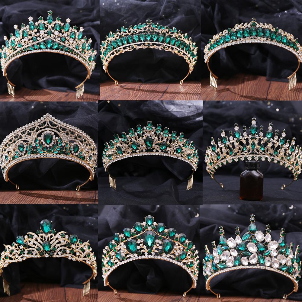 Baroque Luxury Queen Green Crystal Crown Bride Tiara Wedding New Women Korean Princess Headpiece Hair Jewelry Accessories