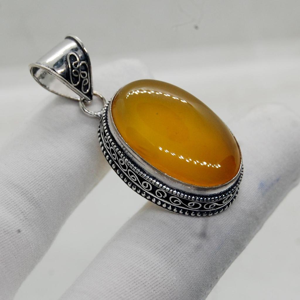 Huge Oval Cab Yellow Chalcedony 925 Sterling Silver Pendant Jewelry, Artisan Gift Boho Style Pendant
