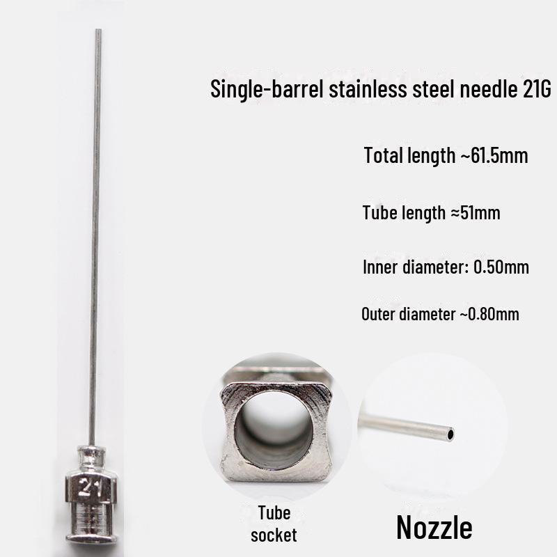 Дозирующая игла из нержавеющей стали с плоским кончиком, общая длина 61,5 мм, длина трубки 50 мм.