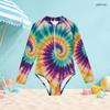 Girls Black High Neck Long Sleeve Front Zip One Piece Printed Swimsuit