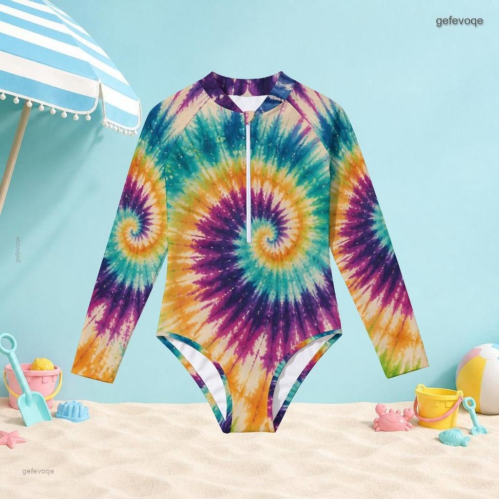 Girls Black High Neck Long Sleeve Front Zip One Piece Printed Swimsuit